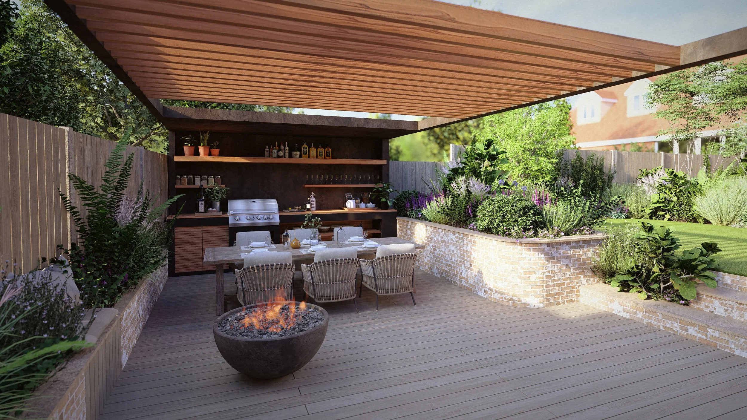Outdoor patio with a dining table, chairs, a built-in grill, and a fire pit, surrounded by lush garden and fencing.