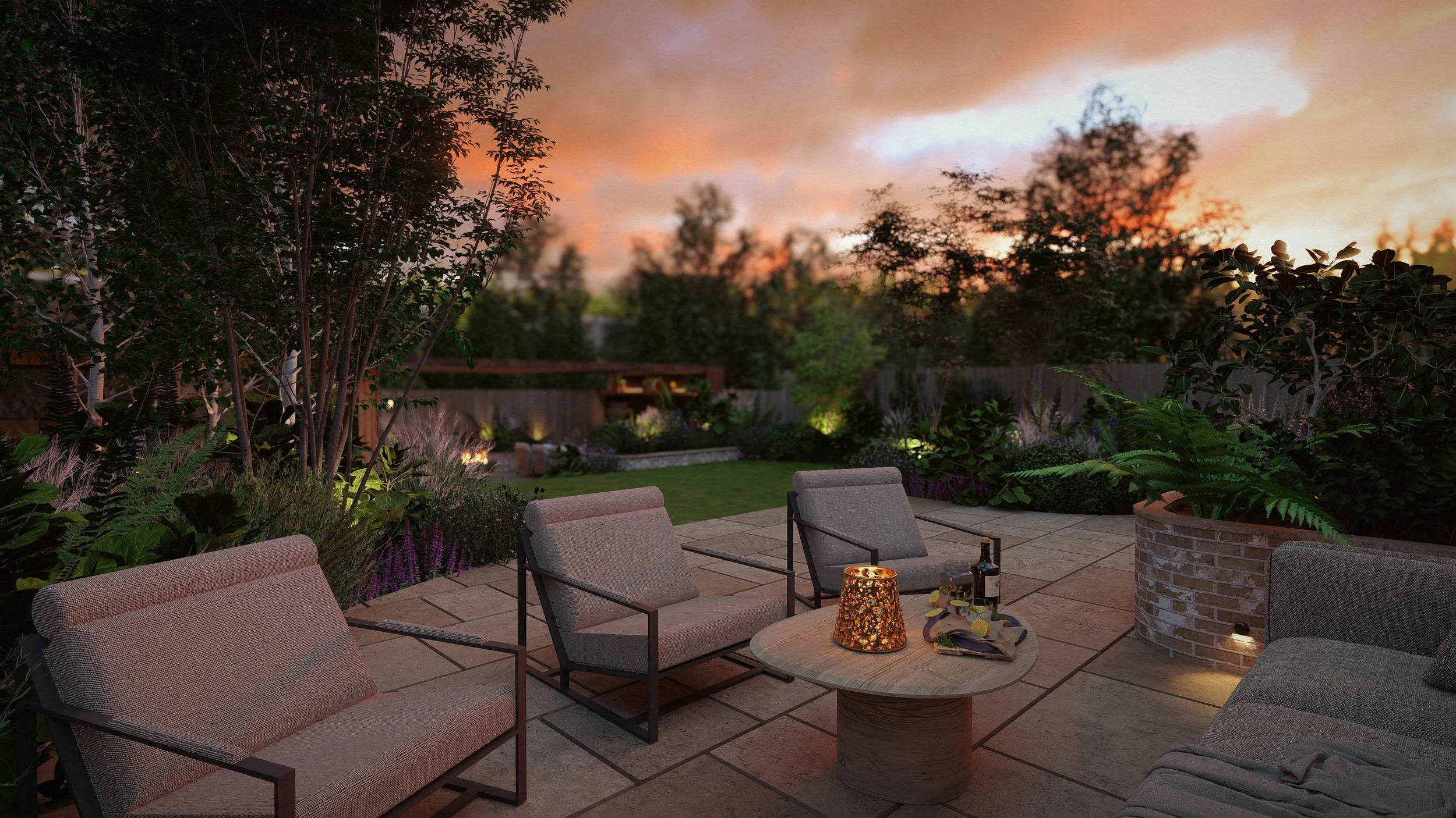 A cozy outdoor patio at sunset with four chairs around a round table, a lit candle, a bottle of wine, and glasses on the table, surrounded by lush plants and trees.
