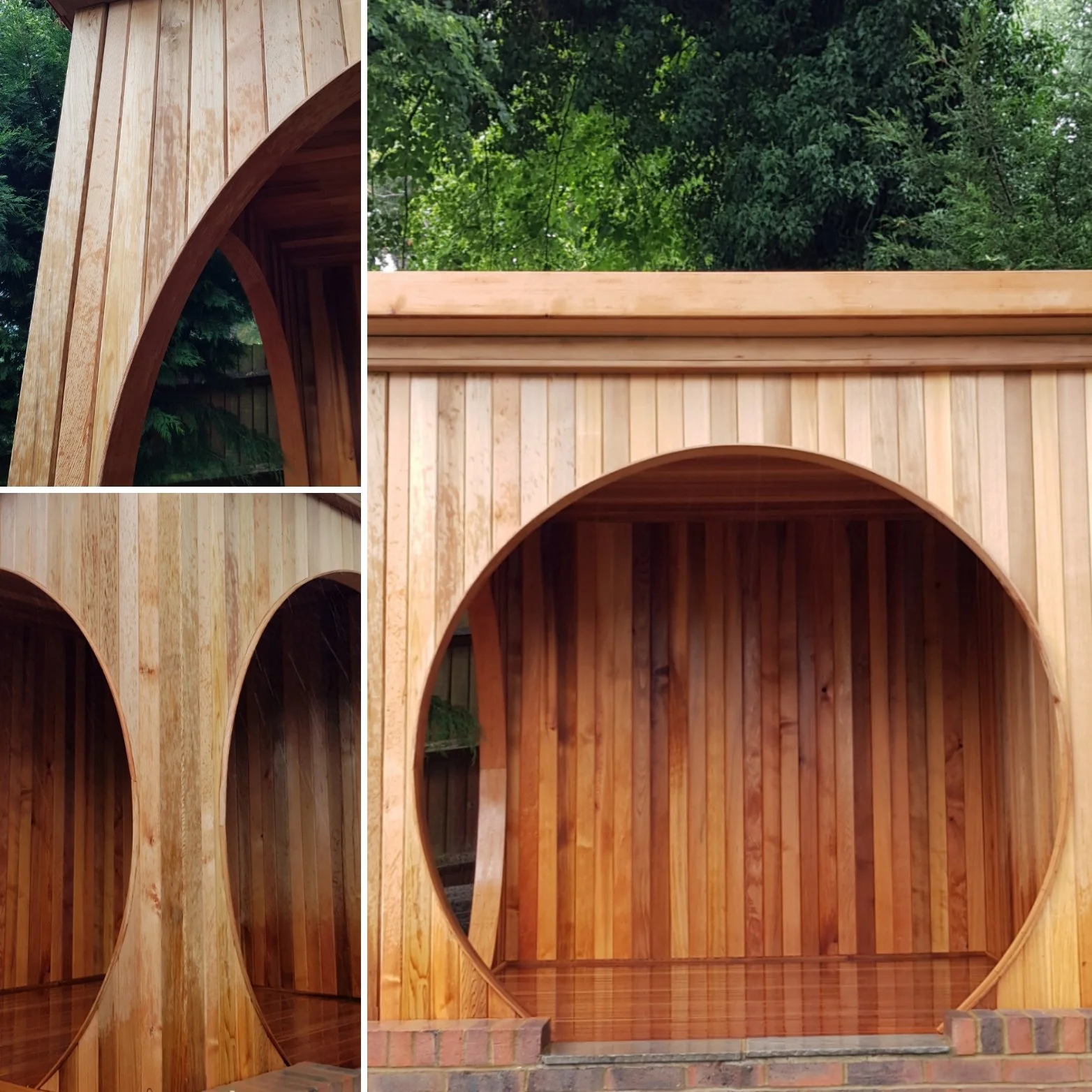 Close-up of a wooden structure with large circular cutout arches, showing the interior and exterior views with trees in the background.
