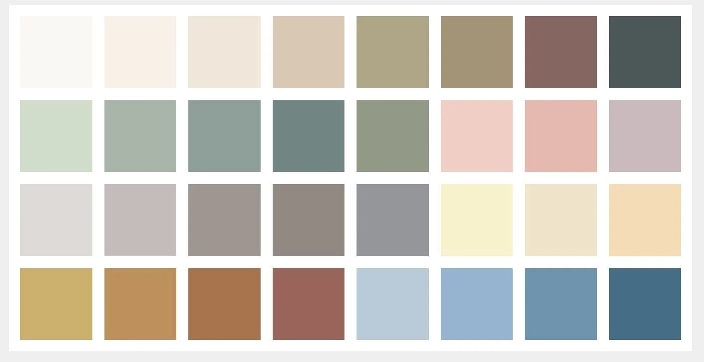 A palette of various pastel and earthy colored squares arranged in five rows and six columns, including shades of beige, brown, gray, pink, blue, and green.