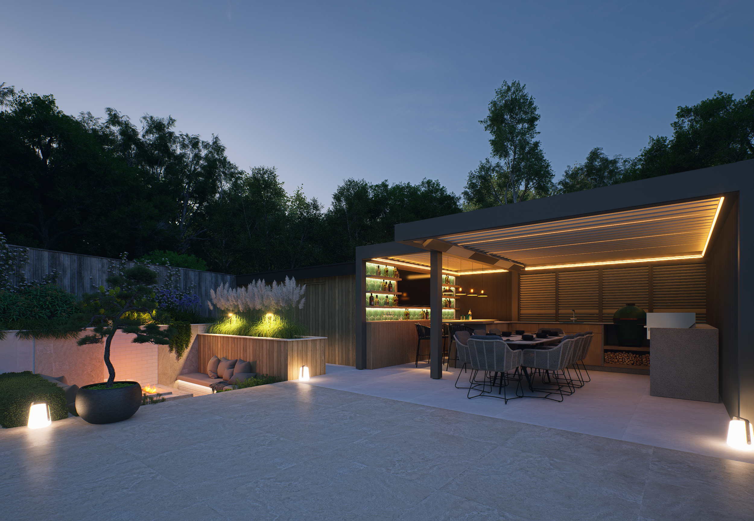 Modern outdoor patio at dusk with a dining table and chairs, illuminated built-in shelves with plants, and landscape lighting, overlooking a backyard with trees and garden.