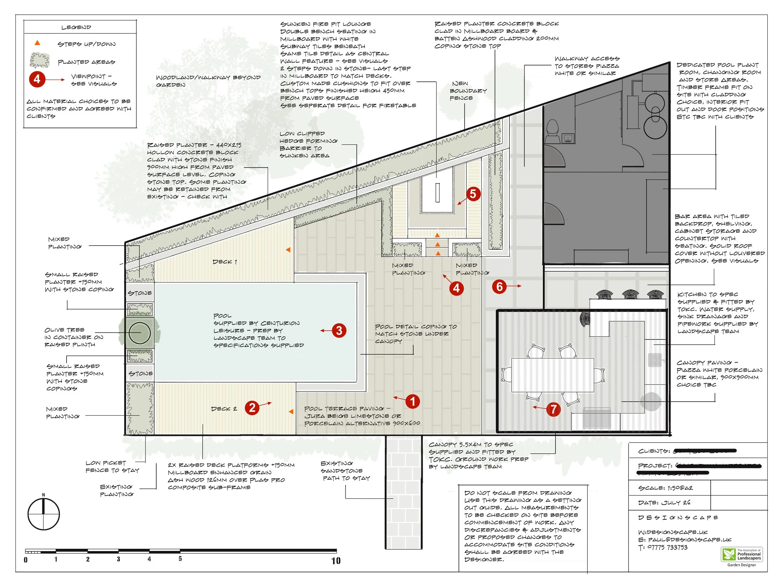 A detailed landscape design plan showing areas such as decks, pools, planting beds, and pathways with labeled notes and measurements for construction and landscaping.