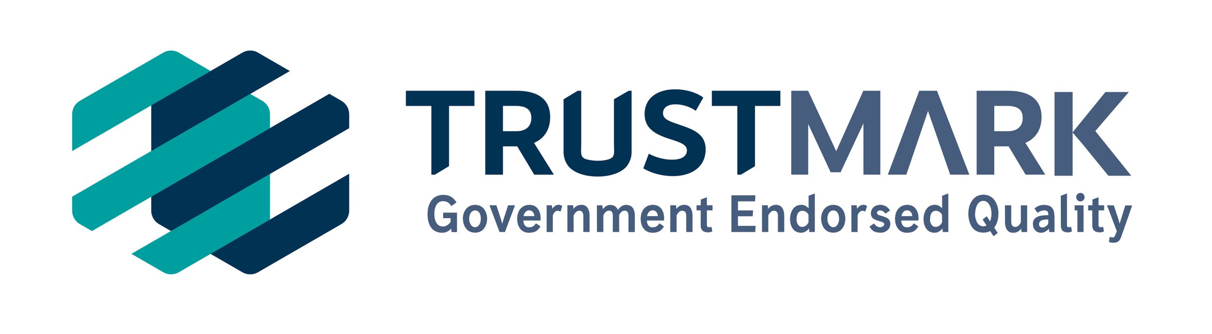 Trustmark logo with a hexagonal icon made of lined shapes in teal and navy blue, and the words "TRUSTMARK" and "Government Endorsed Quality" in navy blue.