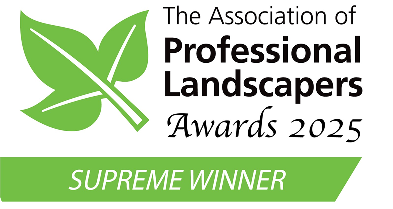 Logo for the 2025 Professional Landscapers Awards, with a green leaf graphic and text indicating 'Supreme Winner'.