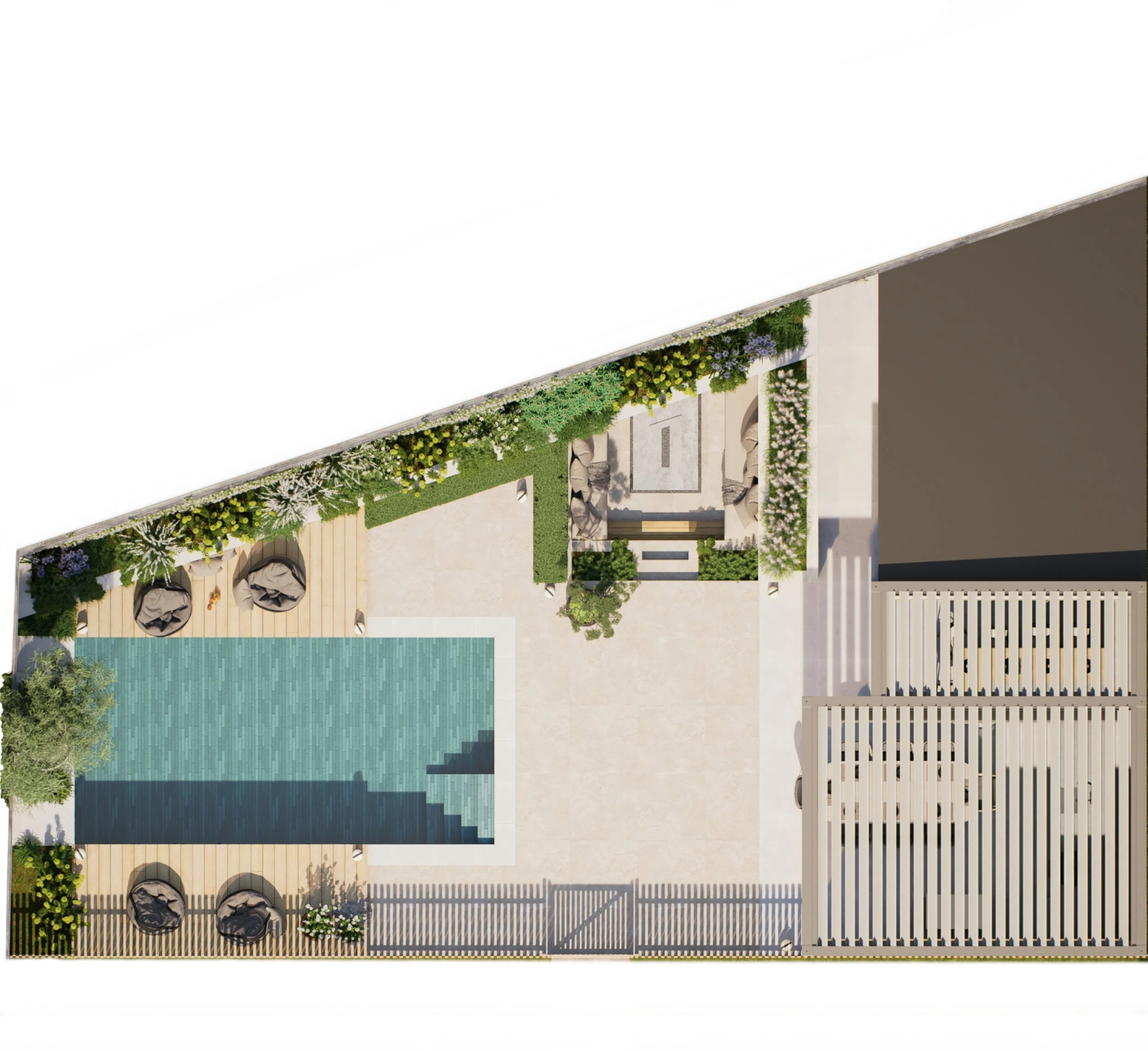 An aerial view of a modern outdoor space with a pool, garden beds filled with flowers and greenery, a patio with seating, and a white fence.