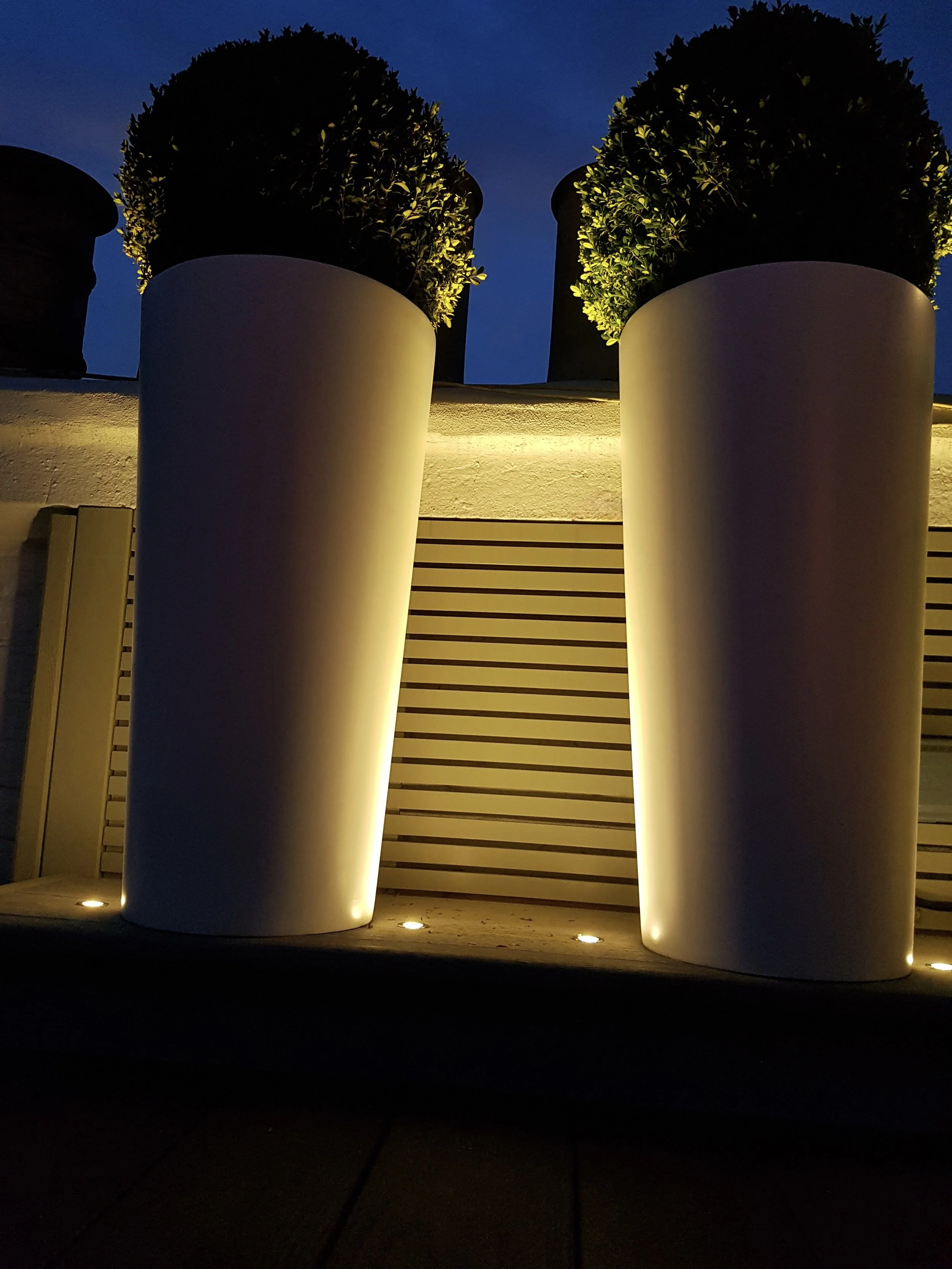 conical planters at night