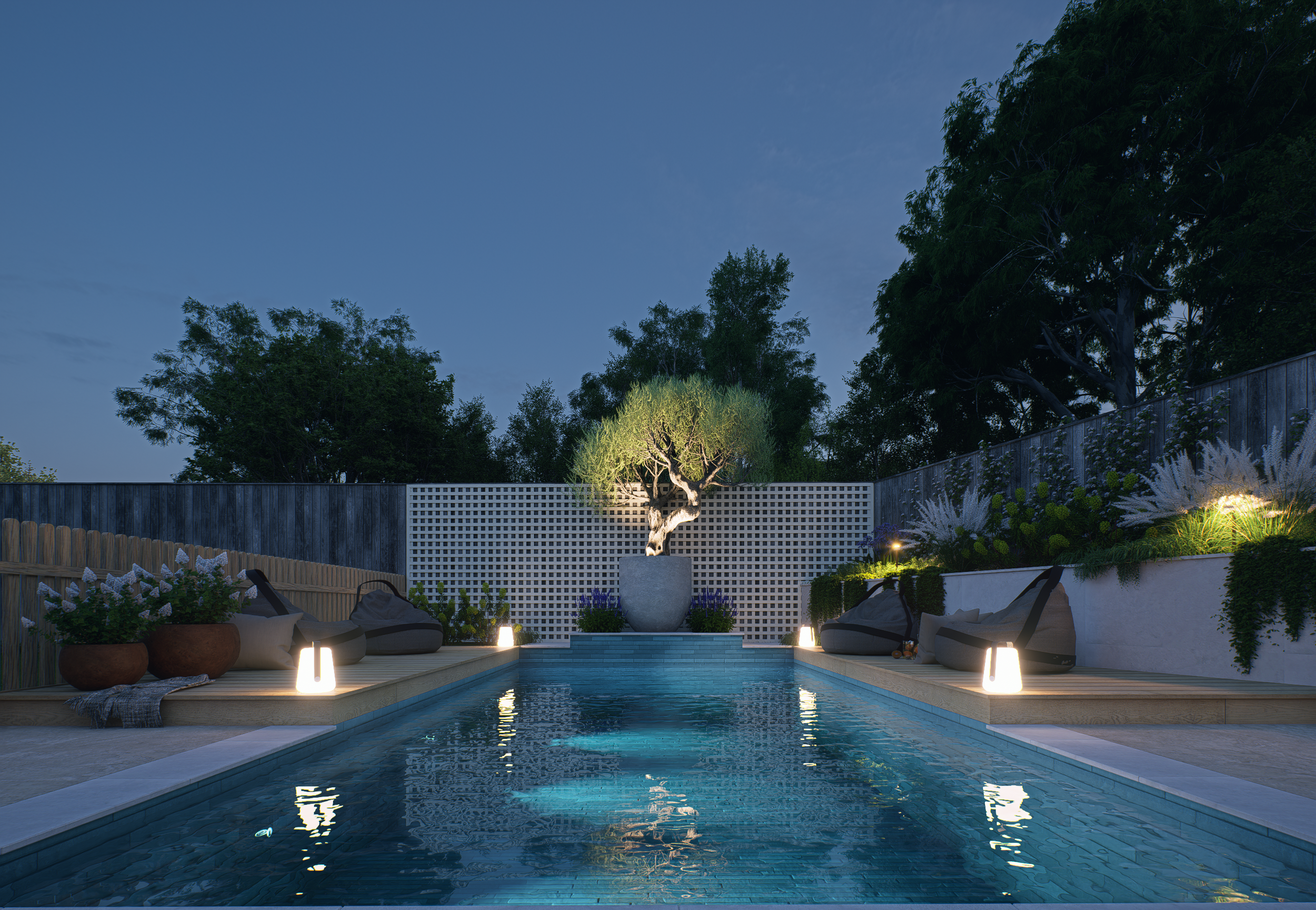 A backyard with a swimming pool, surrounded by potted plants, outdoor seating, and illuminated by small outdoor lights. There are tall trees and a fence in the background under a clear evening sky.