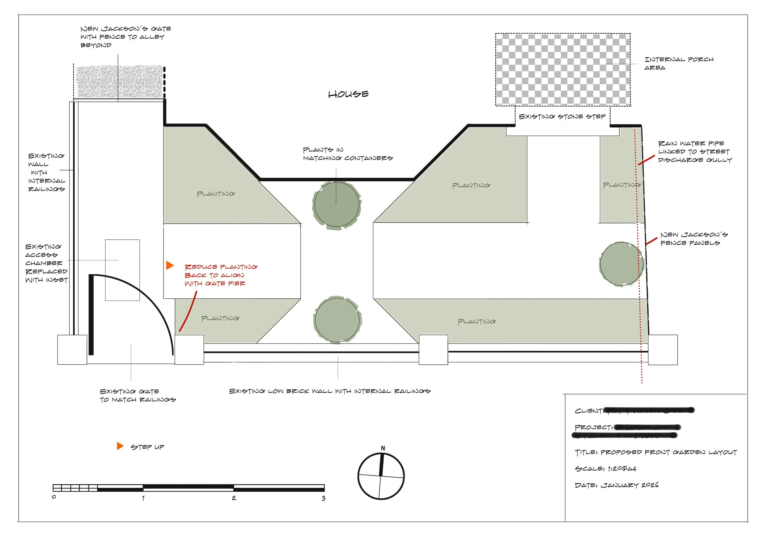 Architectural blueprint of a proposed front garden layout, including planters, trees, fences, gates, a stone step, and drainage features, with annotations and a scale diagram.