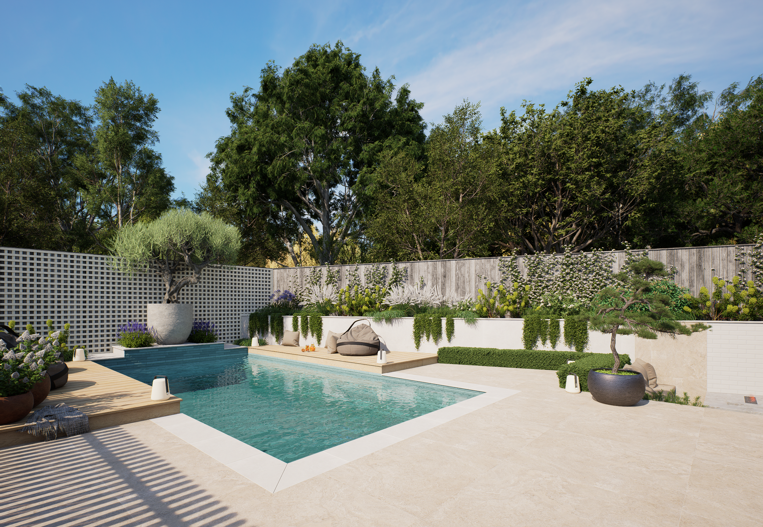 A backyard with a swimming pool, surrounded by potted plants, trees, bushes, and a wooden privacy fence under a blue sky.