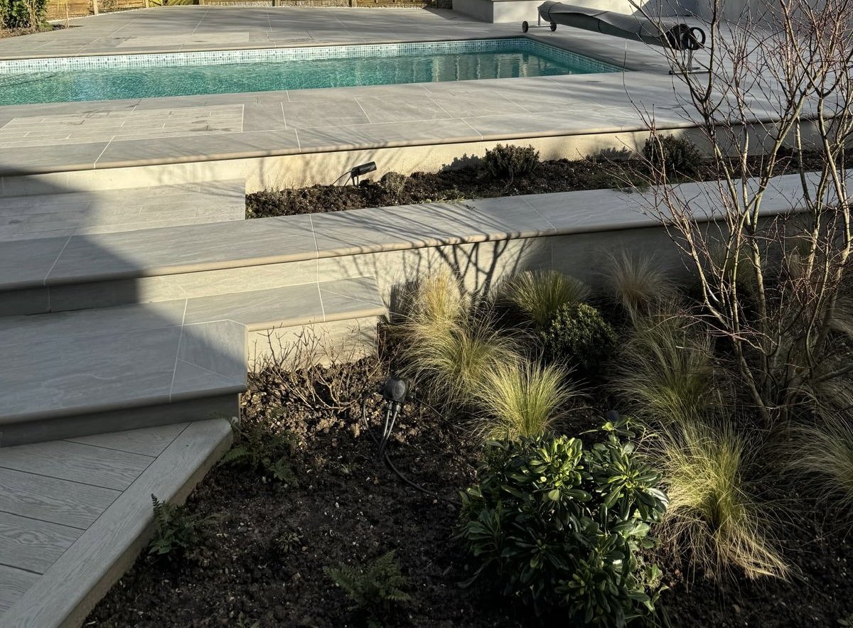 paving, steps, deck, pool and planting 