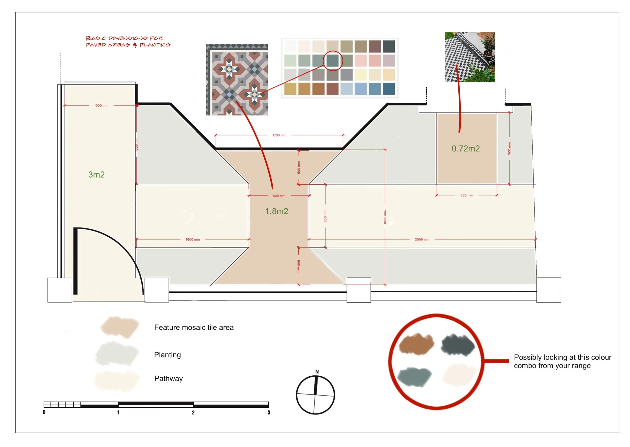 A detailed landscape or architectural plan showing measurements, color samples, and tile designs for paving areas and planting zones. There are two color options circled for selection.