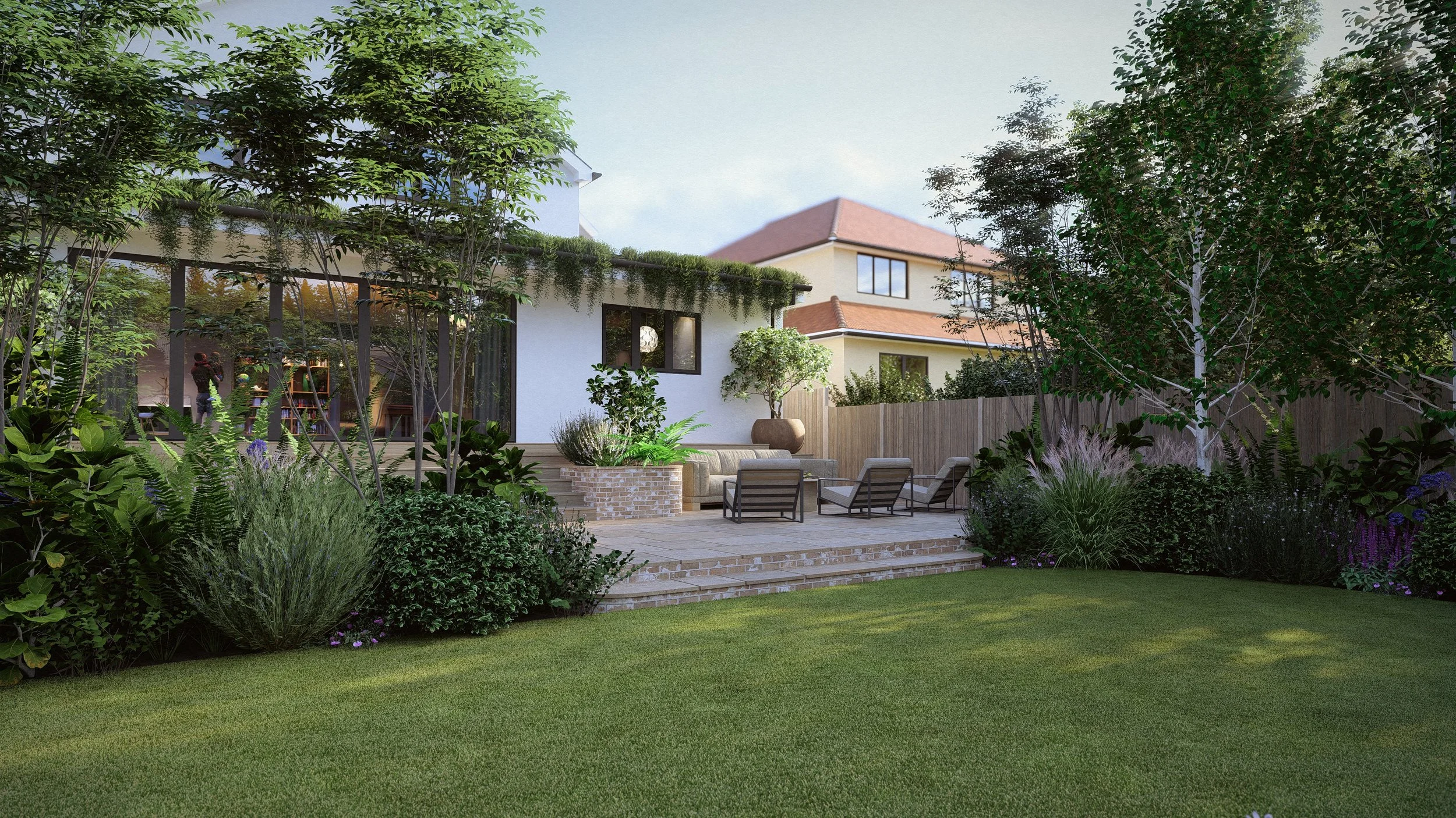 A backyard patio with outdoor seating, plants, and trees, adjacent to a modern house with large windows and a garden in the foreground.