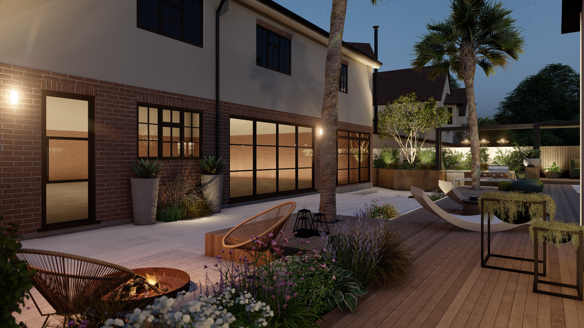 house and terrace at night