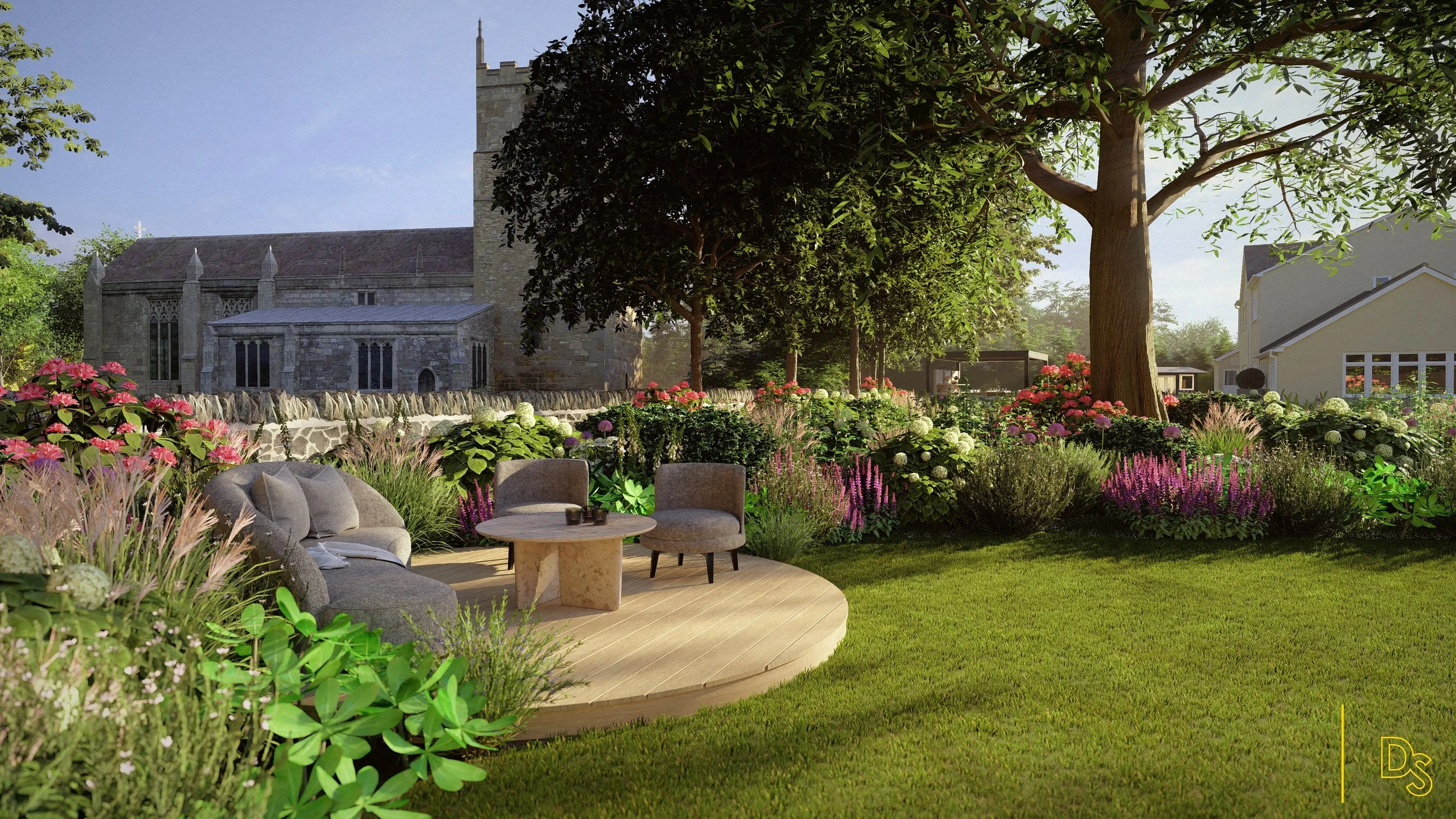 A garden courtyard with lush green grass, a variety of colorful flowers, and tall trees, featuring a stone church or cathedral in the background and a cozy seating area with a curved wooden deck and outdoor furniture.