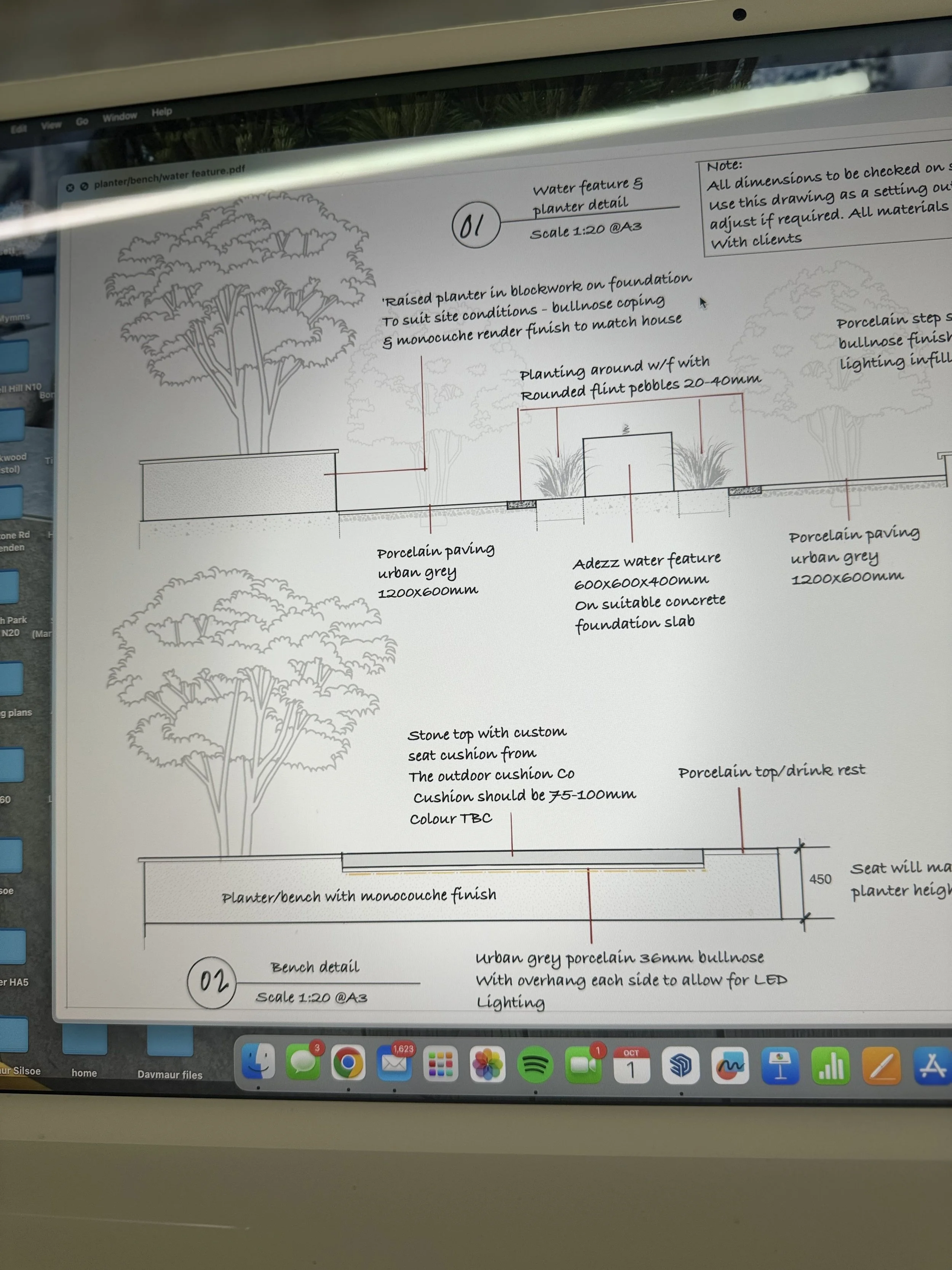 Architectural plan for a water feature and bench surrounded by trees, with detailed measurements and materials such as porcelain paving, urban grey, and monoucouche finish.