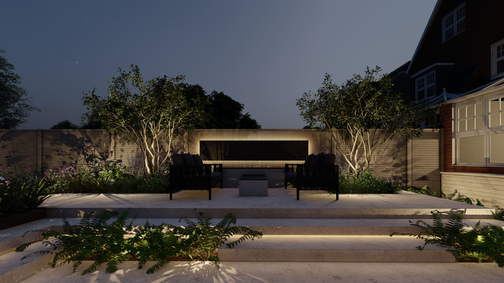 upper patio at night