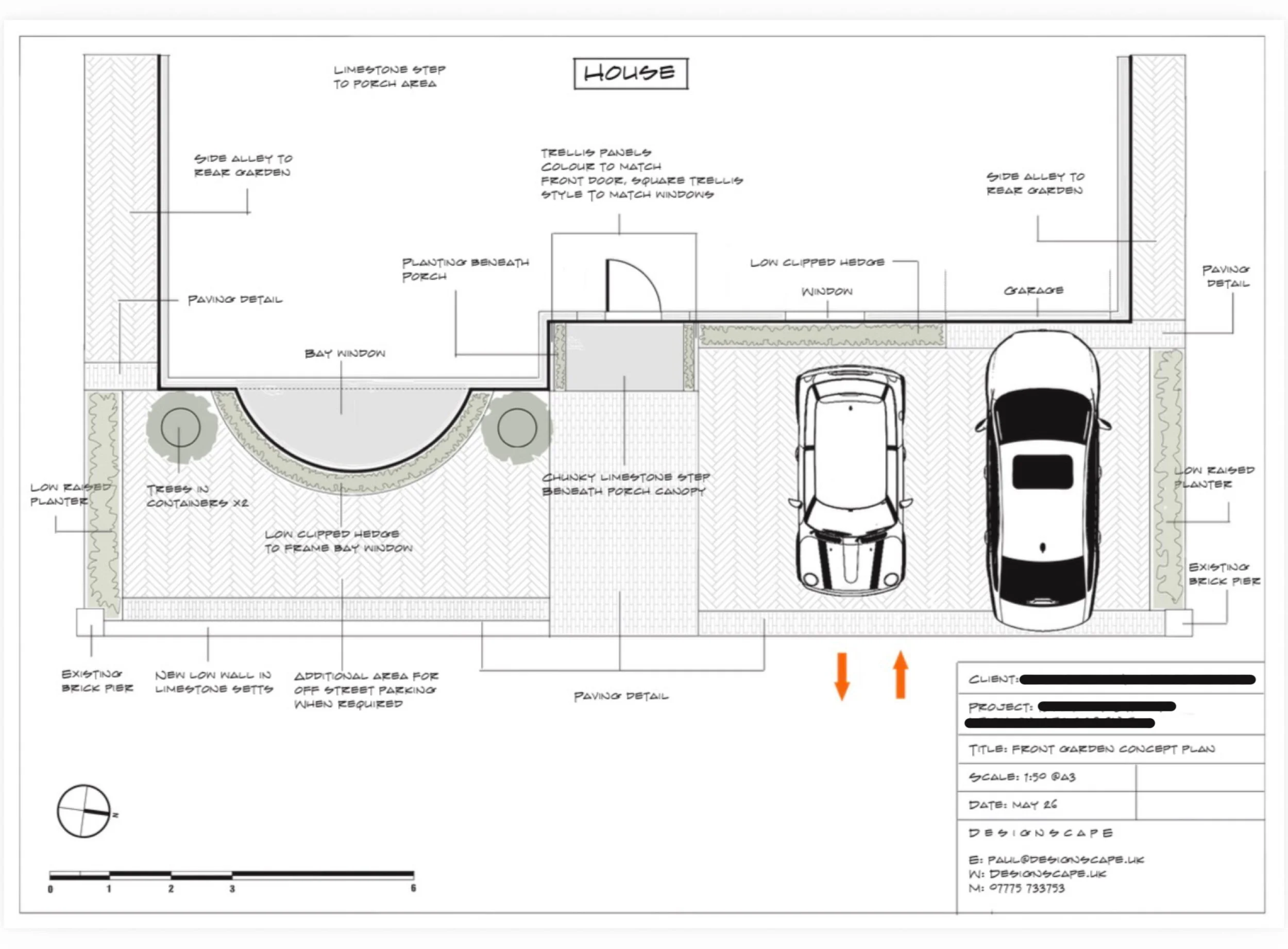 Architectural plan for a front garden and driveway, including parking spaces, trees, planting beds, paving details, and side alleys to rear garden; annotated with measurements and construction notes.