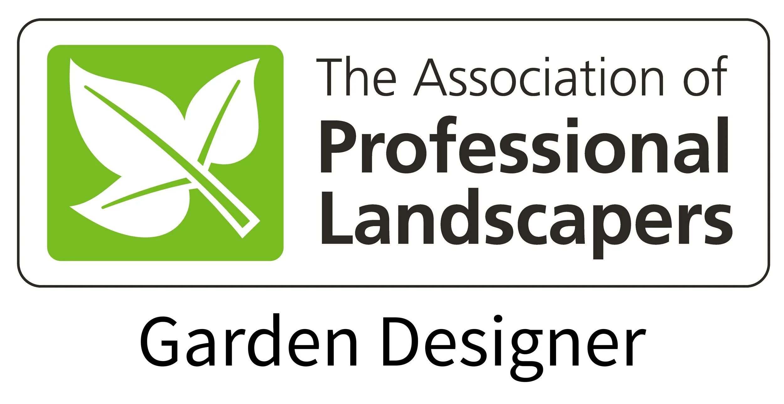Logo for The Association of Professional Landscapers with a green square containing a white leaf and the words "The Association of Professional Landscapers" next to it, and the words "Garden Designer" below.