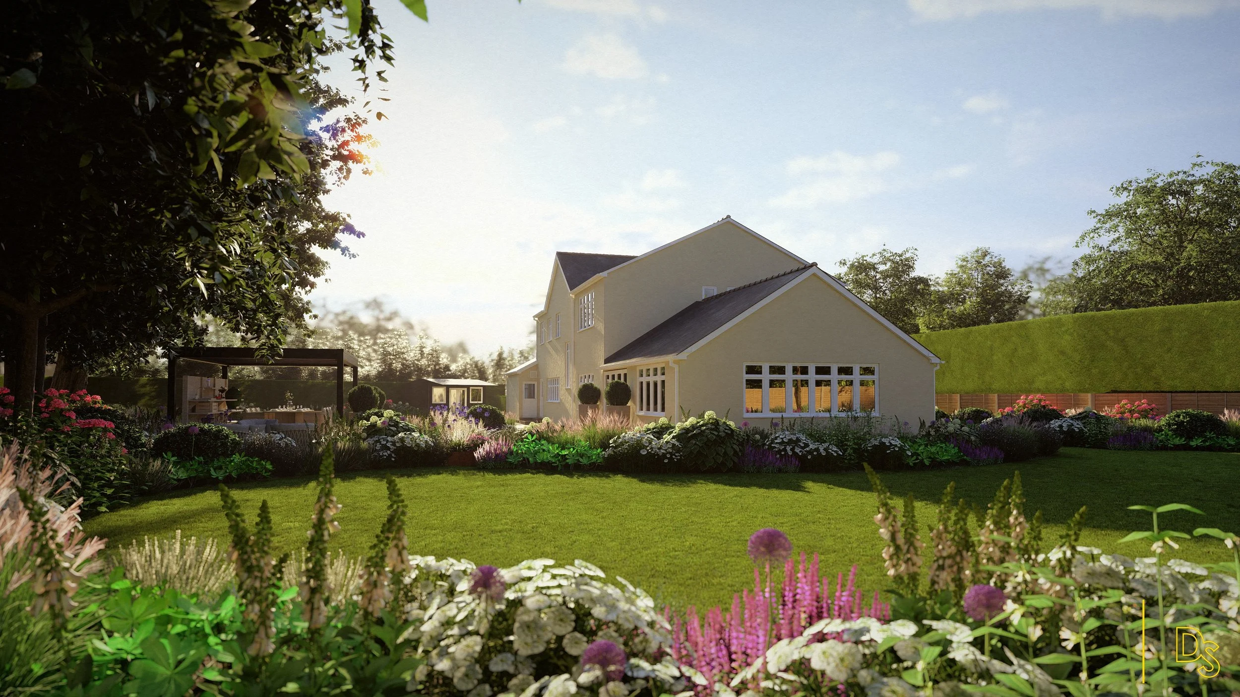 A large yellow house surrounded by lush green garden with various flowers and trees under a bright blue sky with scattered clouds.