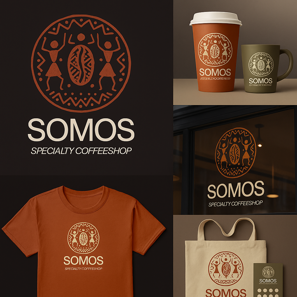 Designs and products featuring the SOMOS logo, a circular emblem with stylized figures and a coffee bean in the center. Includes a black sign, a coffee cup, a mug, a t-shirt, a window sign, and a tote bag, all with the same logo and the text 'SOMOS S