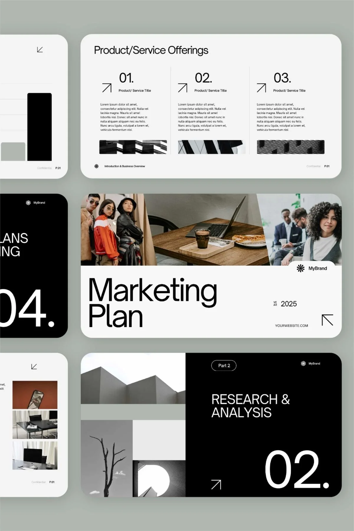 Collection of presentation slides including a marketing plan, research & analysis, product and service offerings, and various images of people, buildings, and objects.