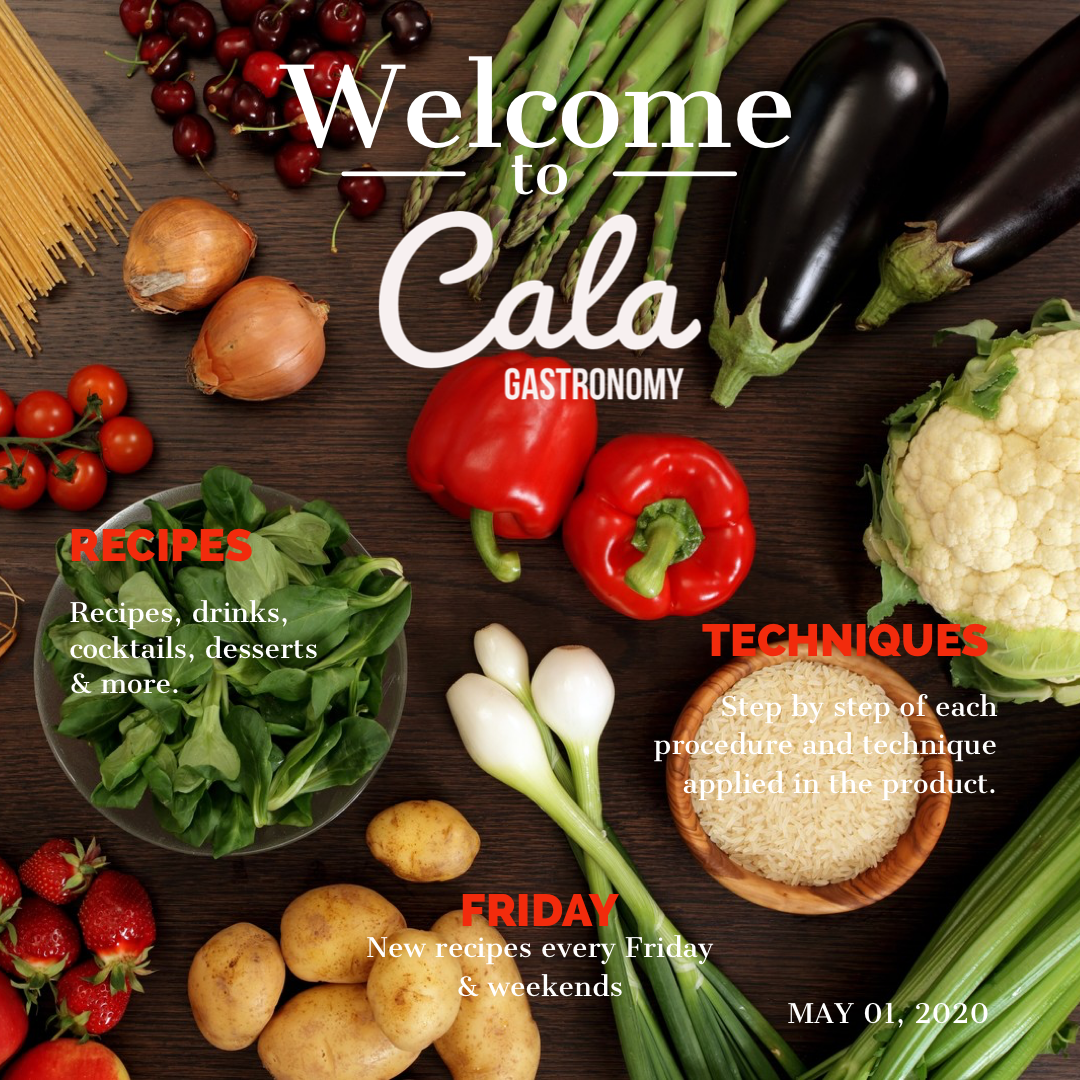 Fondo con variedad de vegetales frescos como brócoli, ejotes, pimientos rojos, cebollas, tomates cherry, fresas, patatas, y pasta, con texto que da la bienvenida a Cala Gastronomy