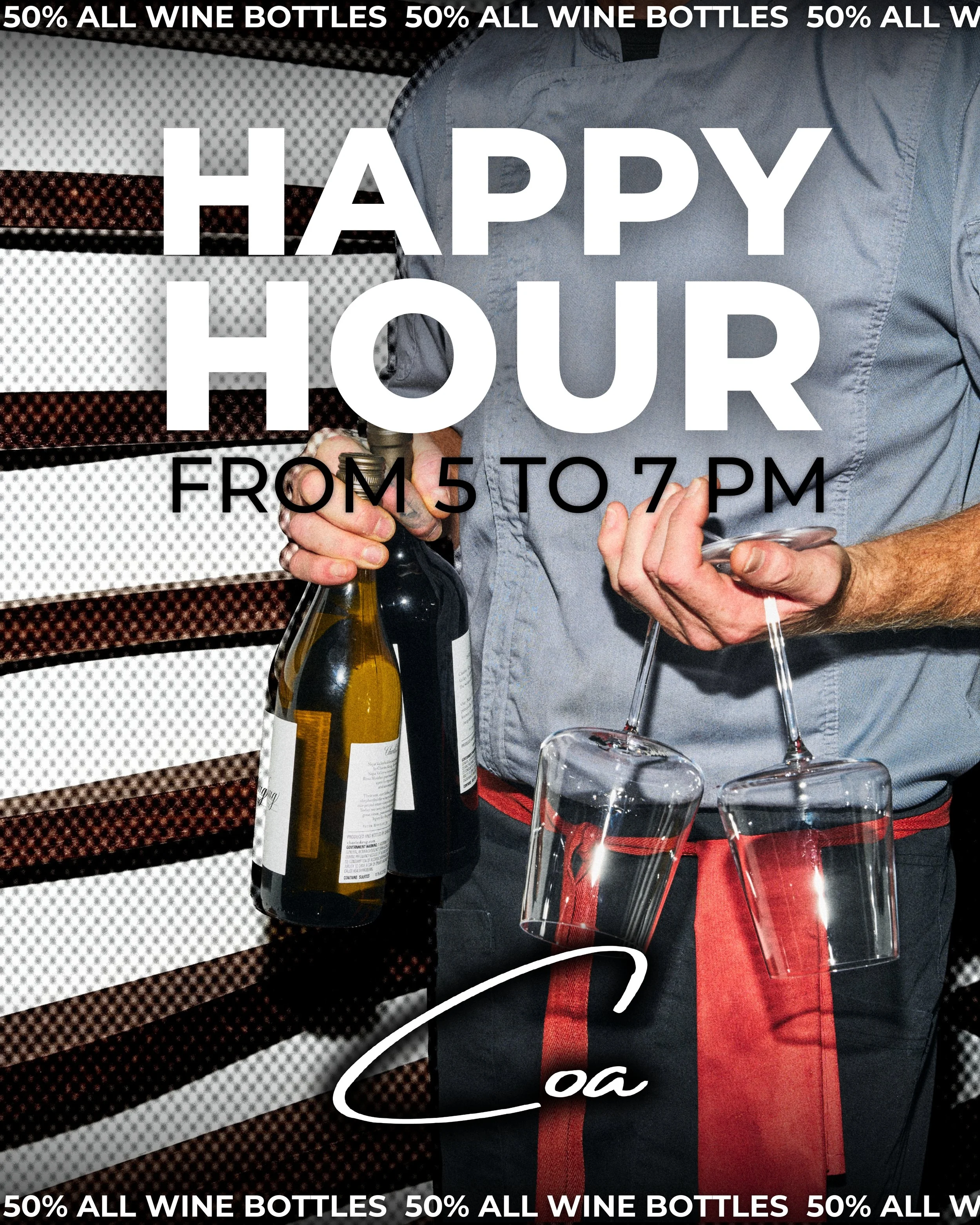 A person holding a wine bottle in one hand and two empty wine glasses in the other, with a sign advertising Happy Hour from 5 to 7 pm, along with a background of horizontal stripes. The image also contains a repeating text banner at the top and botto
