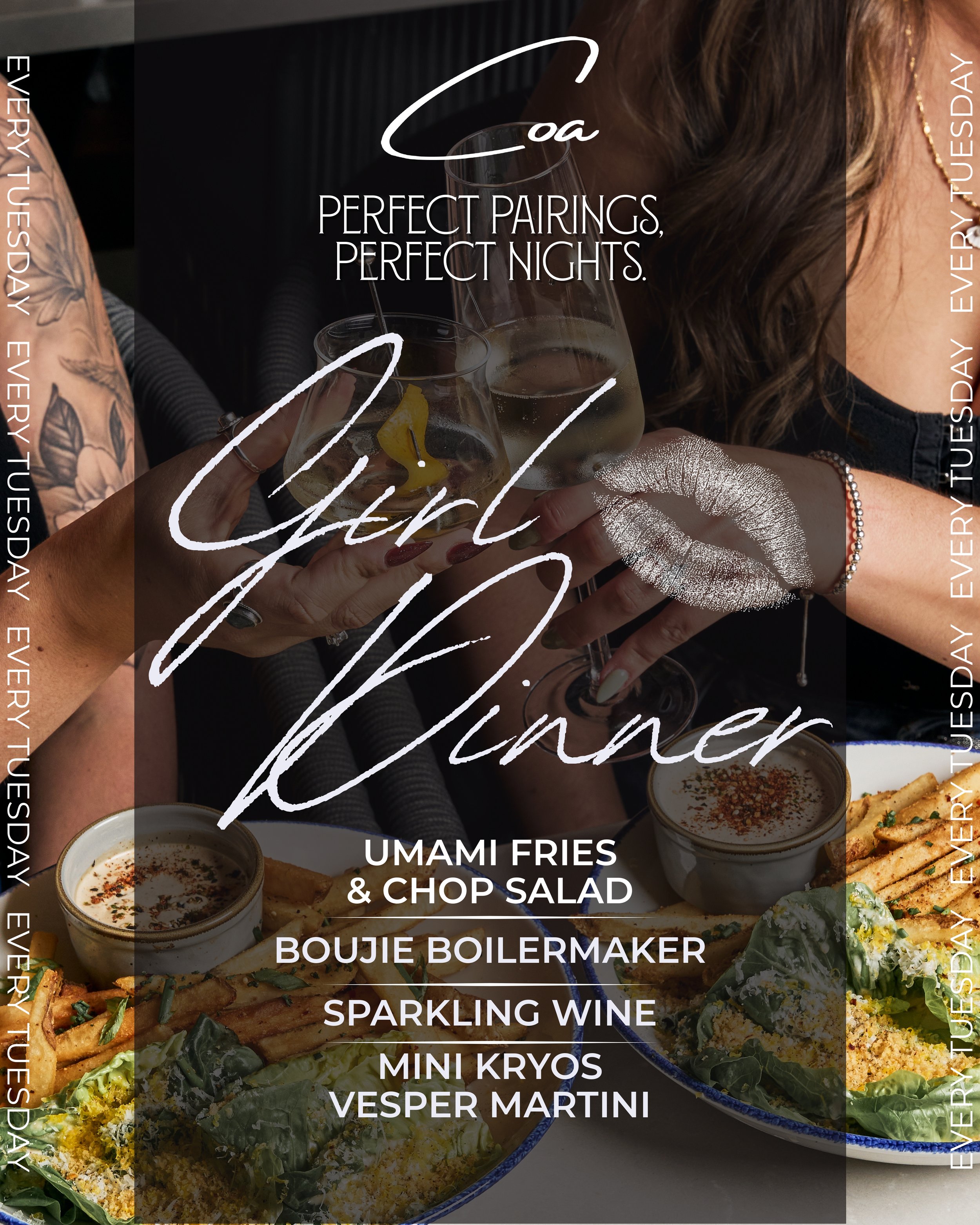 A dinner date with drinks, food, and party decorations. A woman with tattoos and jewelry holds a glass of wine, toasting with another person. The text overlay promotes a girl dinner event with menu items including umami fries, chop salad, boujie boil