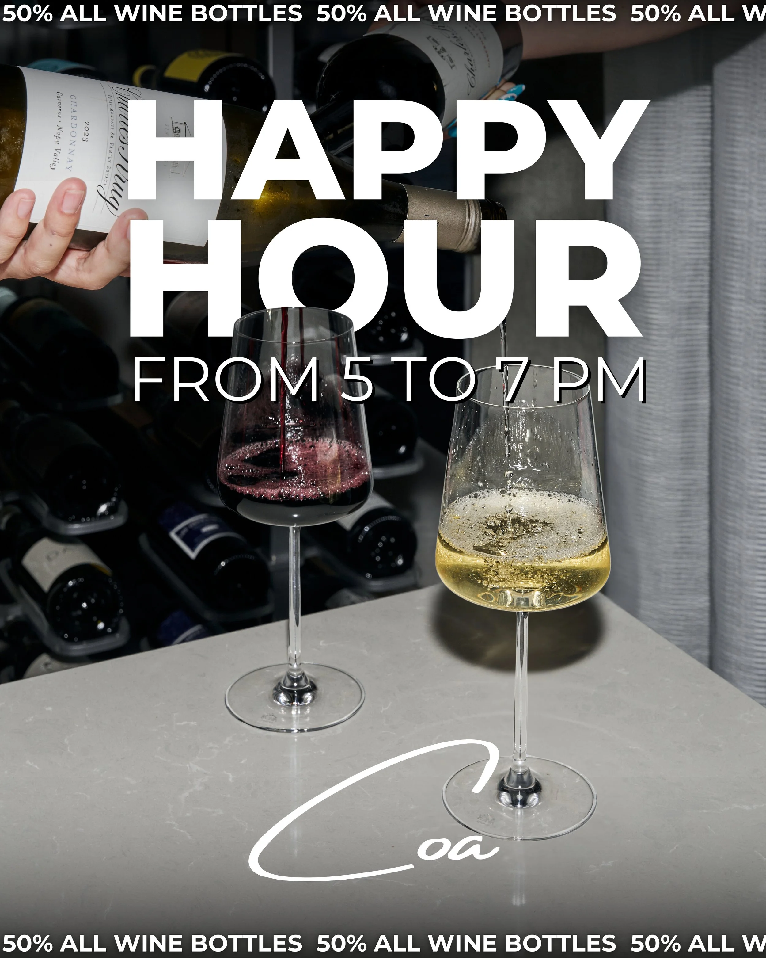 A sign advertising happy hour from 5 to 7 PM with a background of wine bottles, two wine glasses filled with red and white wine, and a hand pouring wine in a wine cellar or wine storage area.