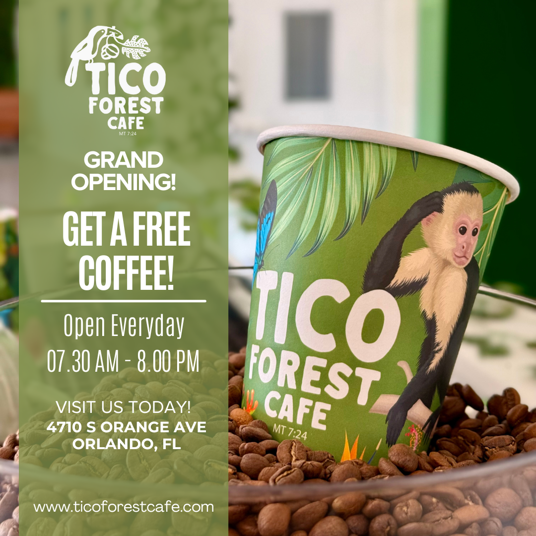 Publicidad del Tico Forest Cafe con una taza decorada con un mono y plantas, promocionando la apertura y cafe gratis, en Orlando, FL.