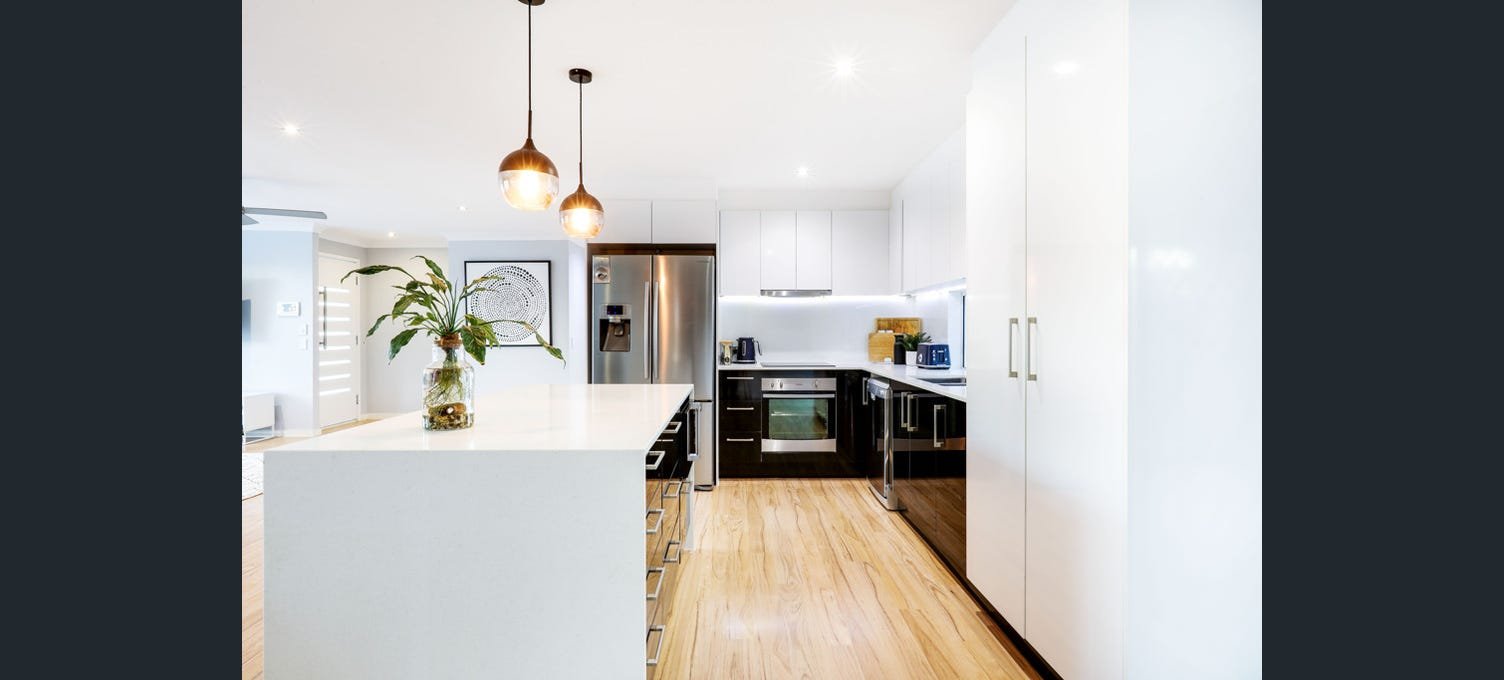 Modern kitchen with white and black cabinetry, stainless steel appliances, and light wood flooring, decorated with a vase of green plants on a white counter.