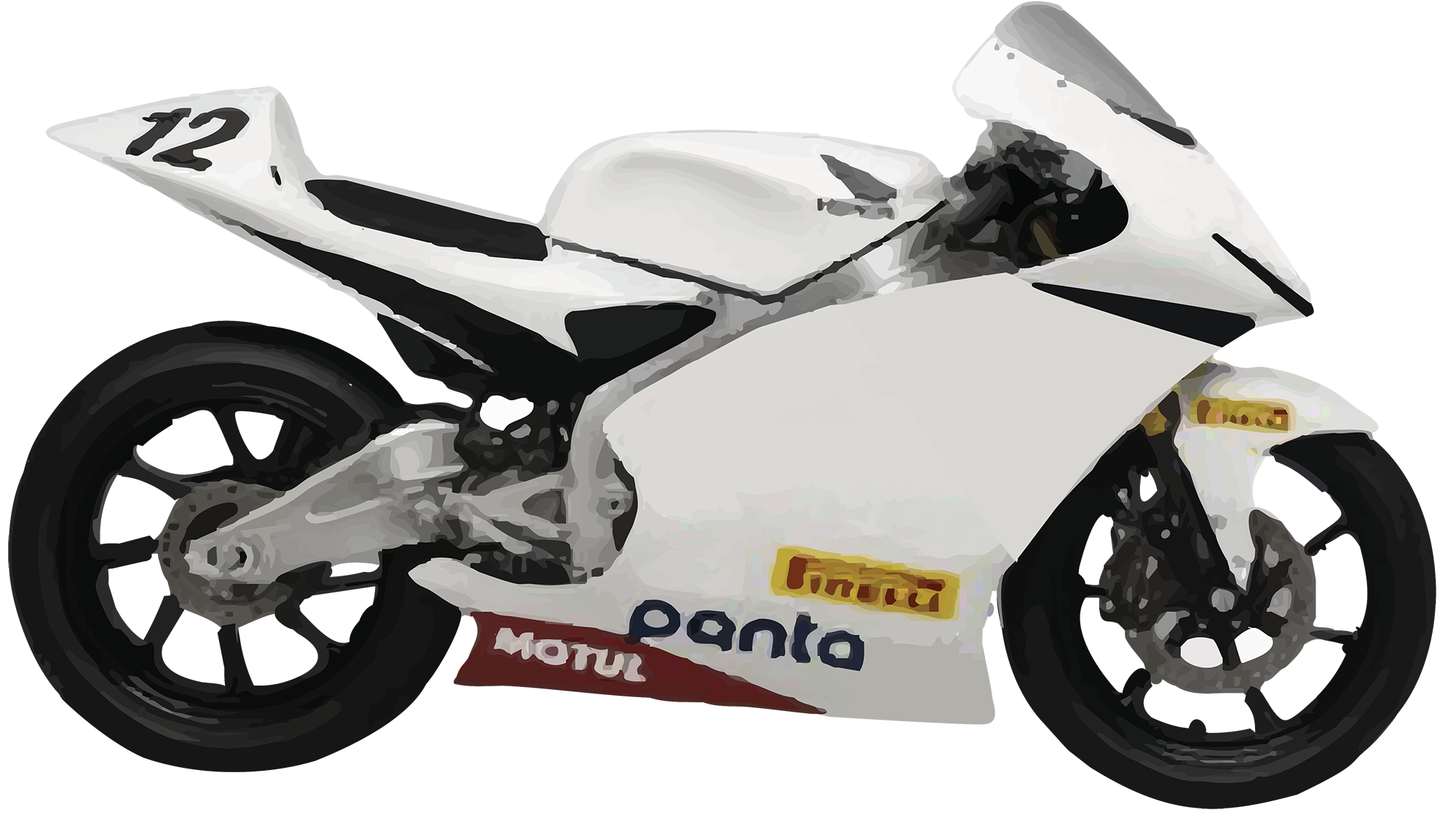 Racermotorcykel med sponsorslogoer, hovedsageligt hvid med sorte og gule detaljer.