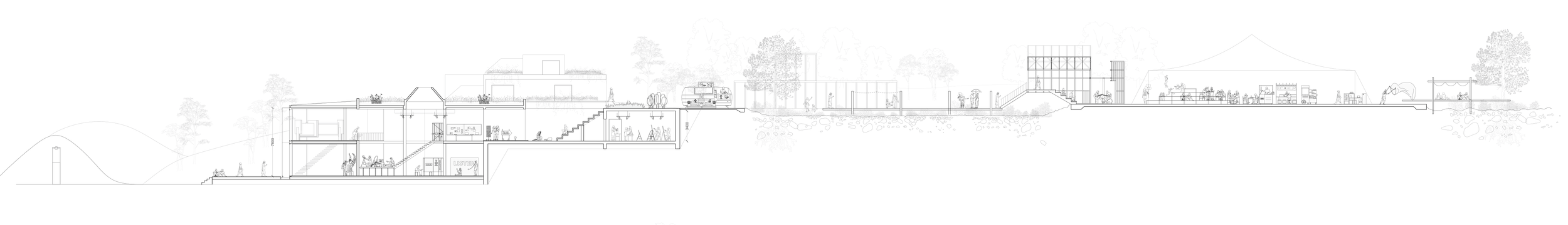 Phase 2: Building & Regeneration
The building facade is completed, providing protected, multi-functional space for exhibitions and artefact storage. The surrounding landscape regenerates, evolving alongside ongoing activity.