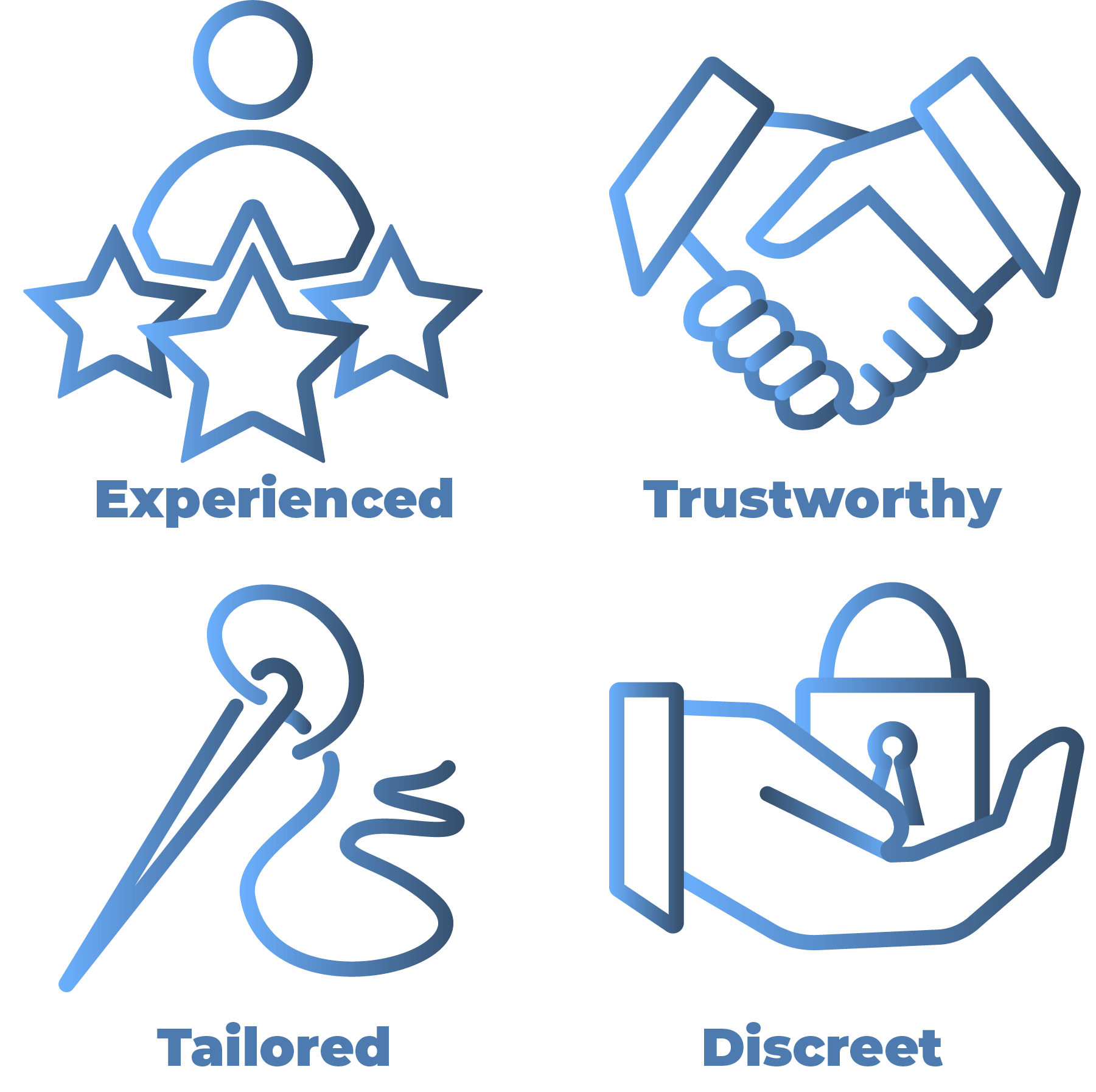 Company qualities being experienced, trustworthy, tailored and discreet