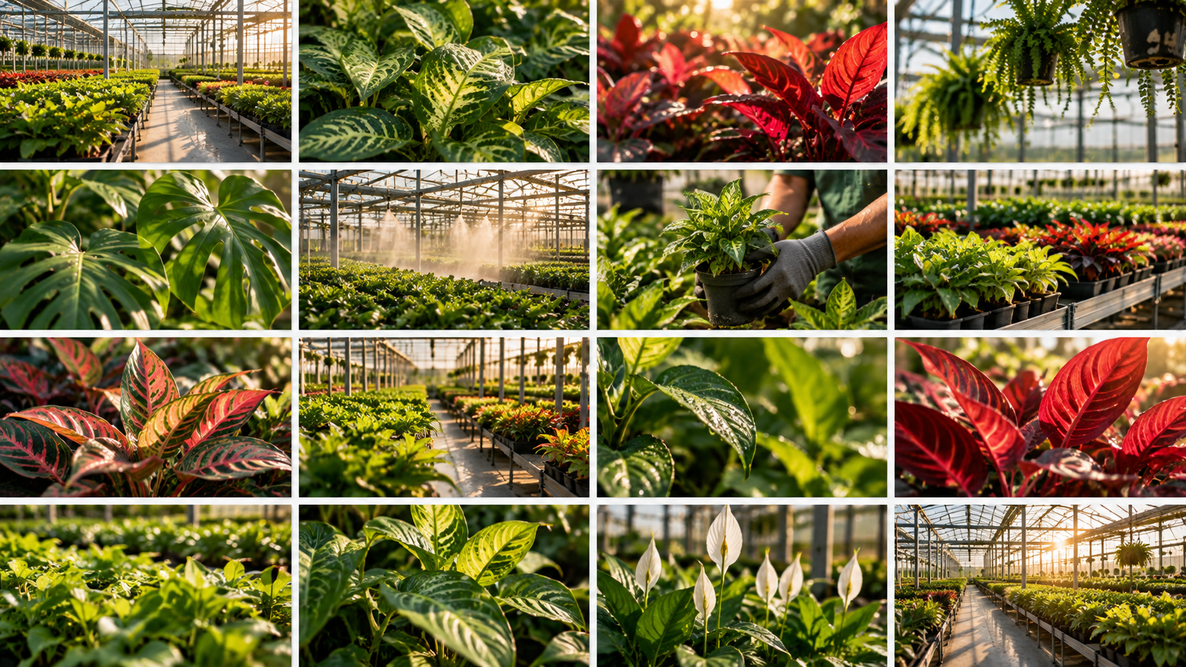 Galería de fotos de un invernadero con plantas en diferentes etapas de crecimiento y variedades, incluyendo plantas verdes, con hojas grandes y variadas, plantas con hojas rojas y verdes, y flores blancas, con algunas personas cuidando las plantas y sistemas de riego en funcionamiento, ambientadas con luz solar cálida.