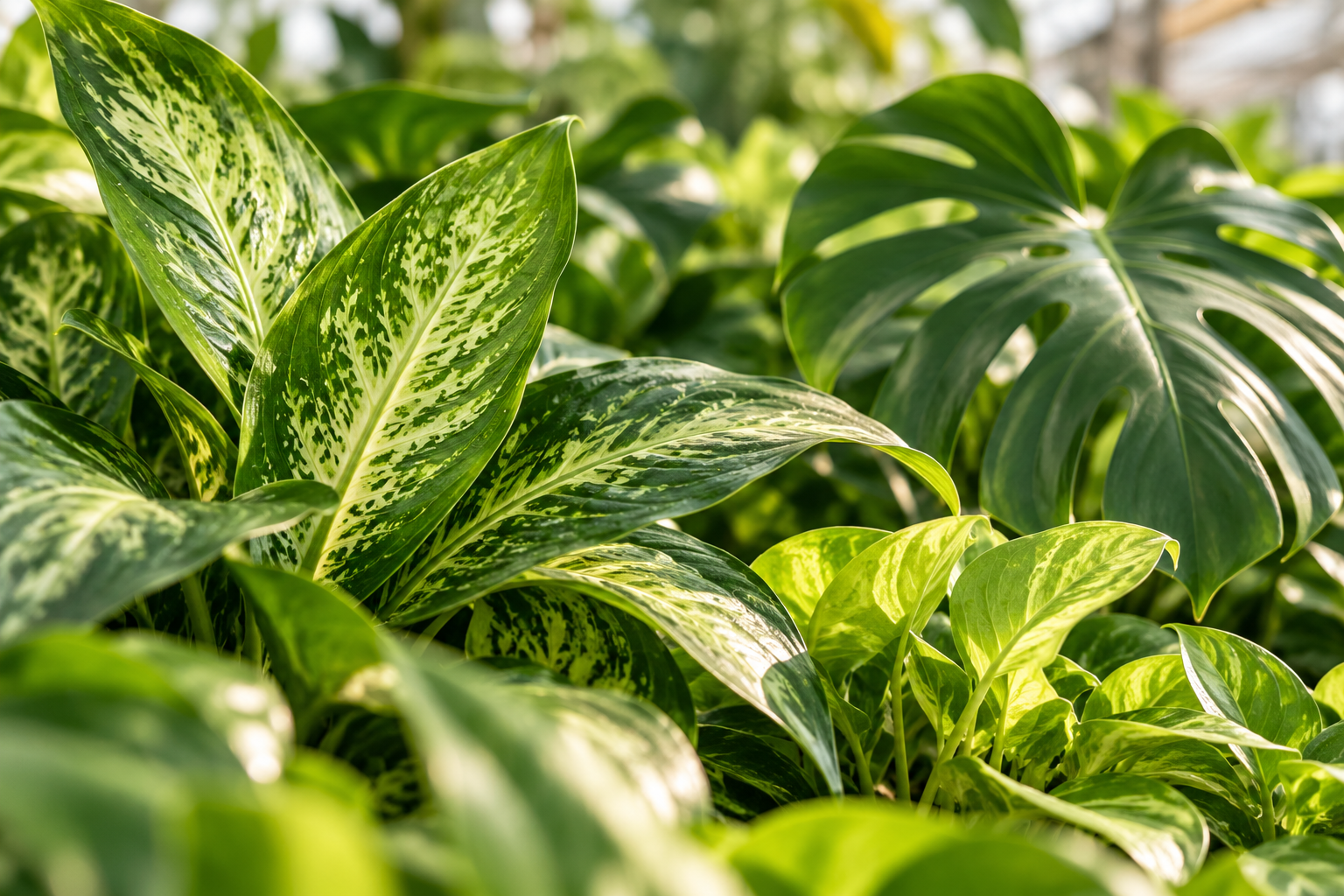 Hojas verdes de plantas en un ambiente de jardín o invernadero.