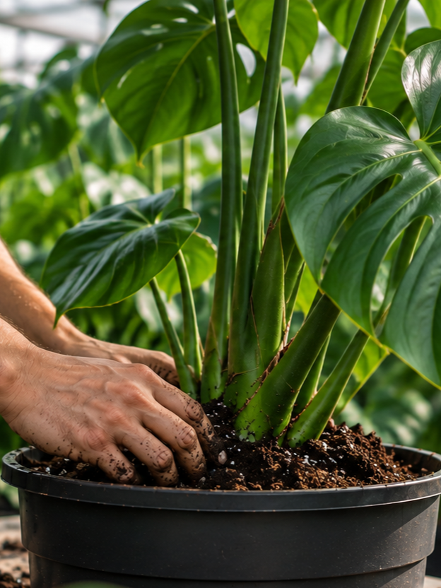 Mano plantando una planta en una maceta en un invernadero