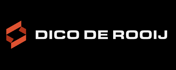 Logo met de tekst 'Dico de Roolj' en een rood geabstraheerd icoon op een zwarte achtergrond.