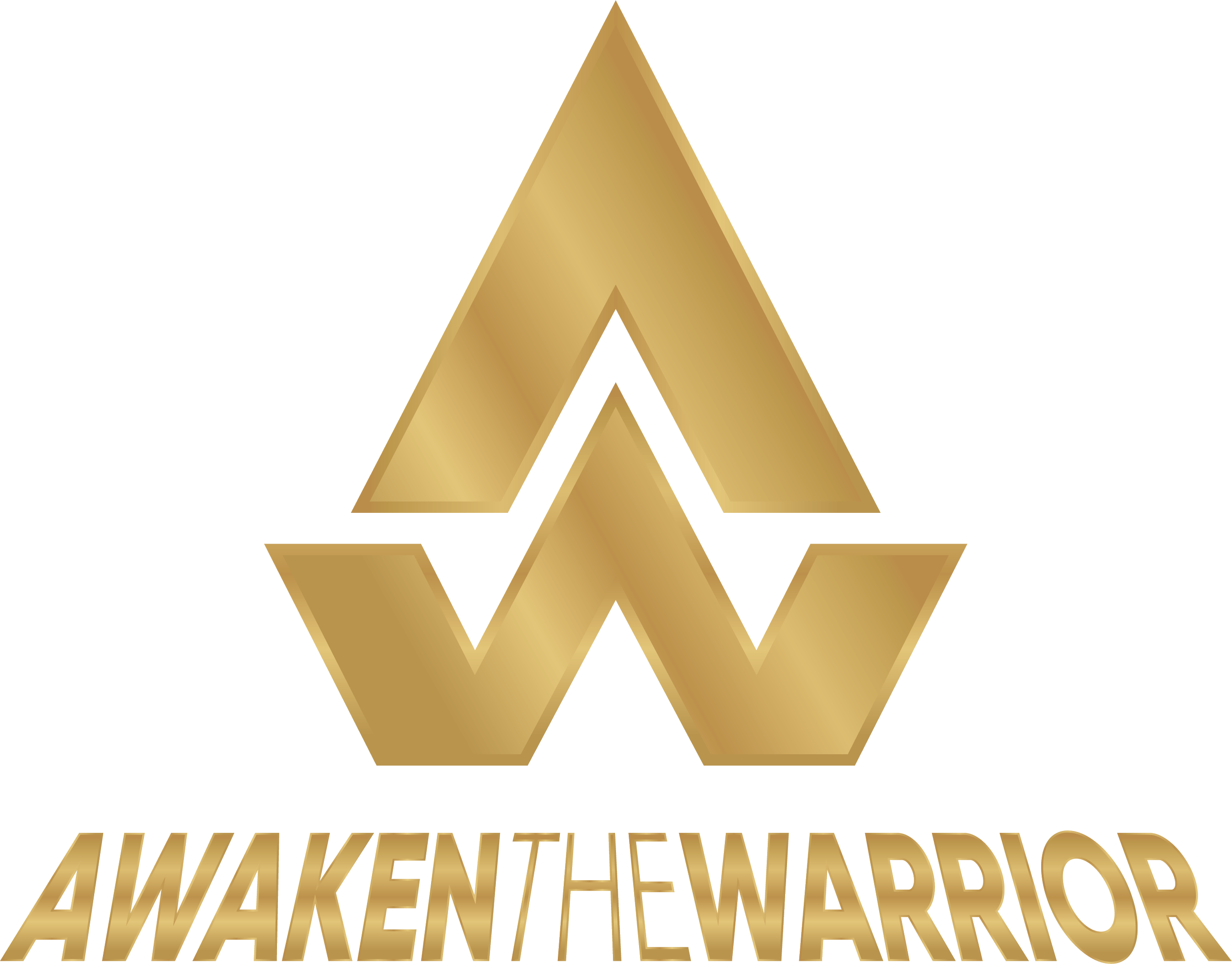 Goudkleurig logo met een gestileerde 'A' en 'W' en de tekst 'AWAKEN THE WARRIOR' onderaan.