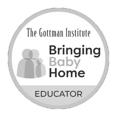 Badge for The Gottman Institute featuring a logo of two abstract figures and text 'Bringing Baby Home, Educator'.