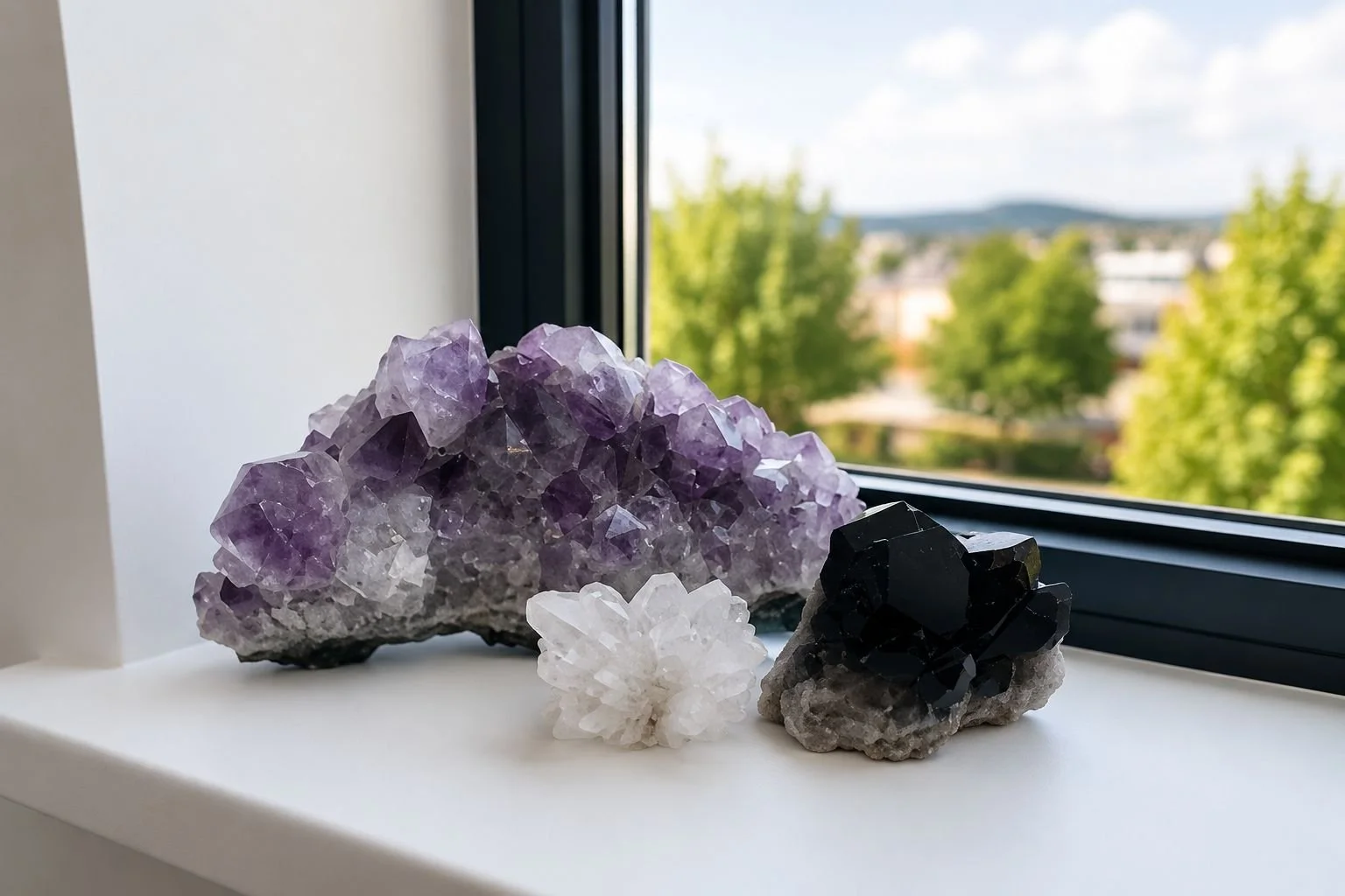 Three mineral or crystal specimens on a windowsill, including a large purple amethyst, a white quartz cluster, and a black mineral, with a view of trees and a cloudy sky outside the window.