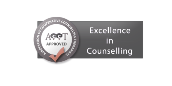 A logo with a circular badge that says 'Accreditation of Cooperative Counselling Therapists Approved' and the words 'Excellence in Counselling' on a black and gray background.