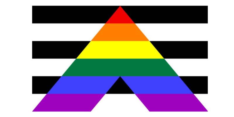 Triangle with rainbow colors inside black and white striped background.