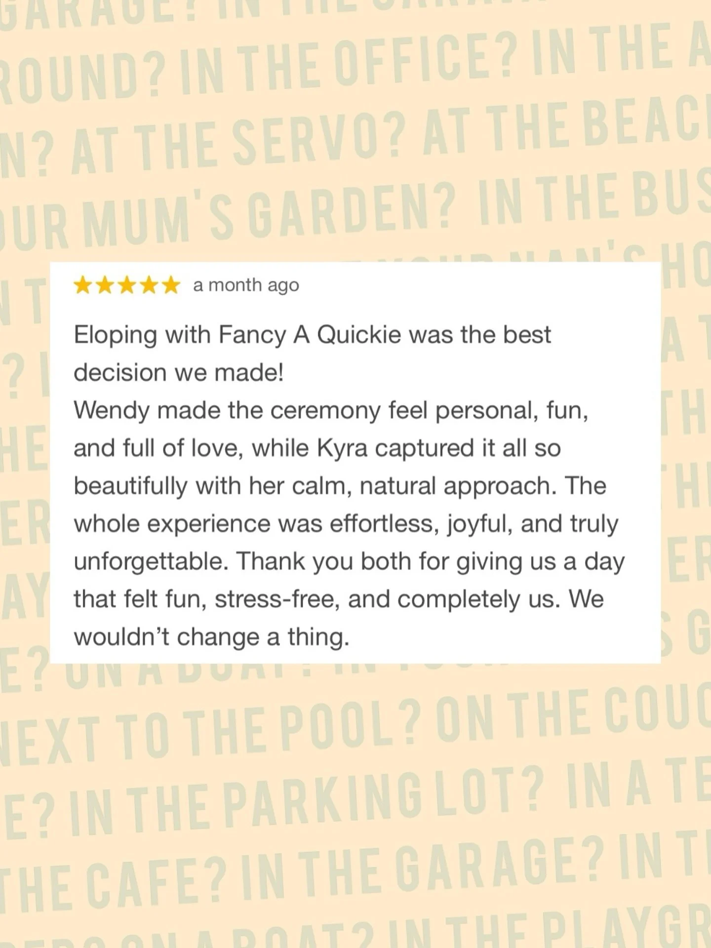 We&rsquo;re BLUSHING☺️🥰 Honestly nothing makes us happier than hearing our couples say their Melbourne elopement was fun, stress-free, and full of love 💕 Reviews like this remind us why we do what we do: quick, meaningful weddings that still feel i