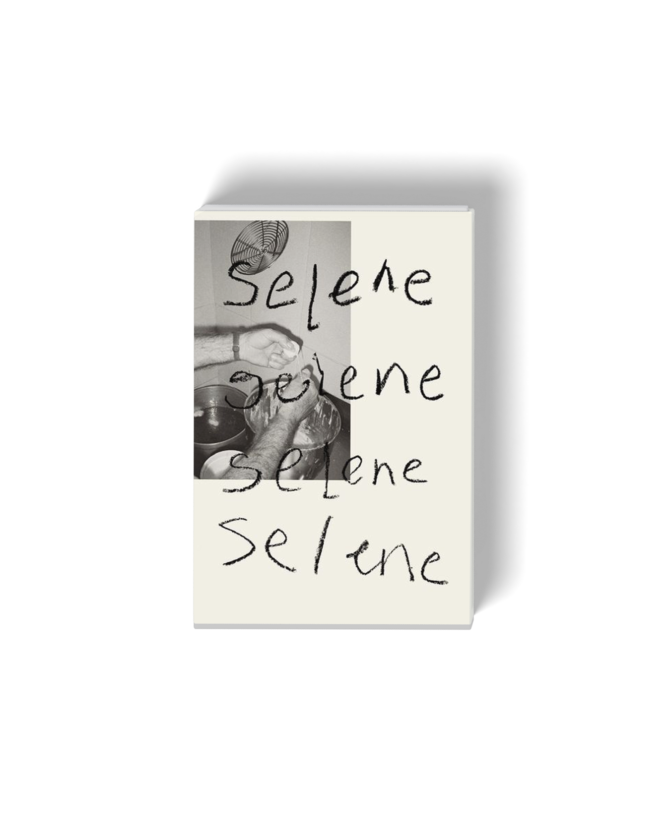 Book cover featuring black-and-white photo of someone mixing ingredients, handwritten words 'Selene' repeated four times, with a small fan in the top left corner.