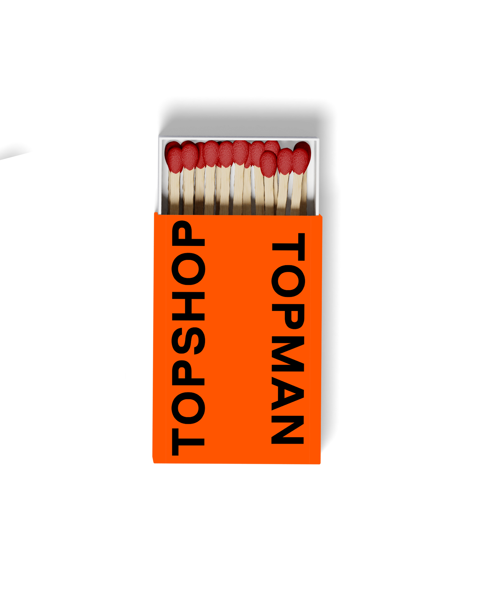 A box of matches with red heads, partially pulled out. The box has a bright orange label with the words 'TOPS TOP' repeated vertically in black.