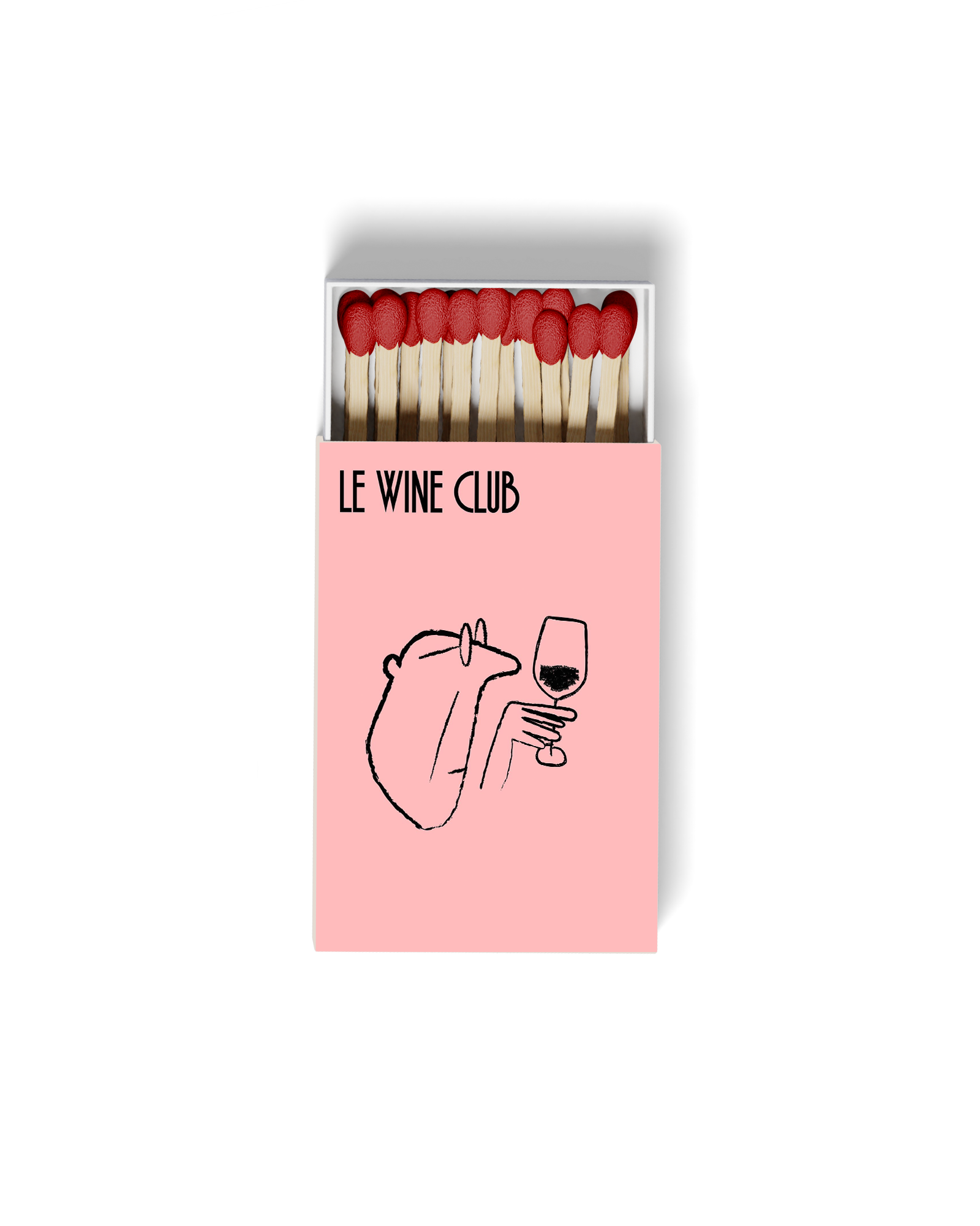 Matchbook with the text 'Le Wine Club' and an illustration of a bear's paw holding a wine glass, containing black liquid, on a pink background. The matchbook contains matchsticks with red tips.