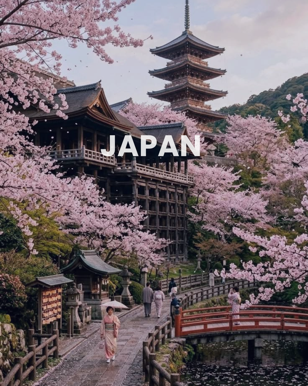 A traditional Japanese pagoda surrounded by cherry blossom trees in full bloom, with people walking on a stone path and crossing a small red bridge over a pond.