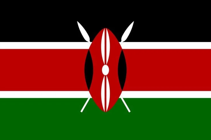 Kenyan flag with a Maasai shield and spears in the center.