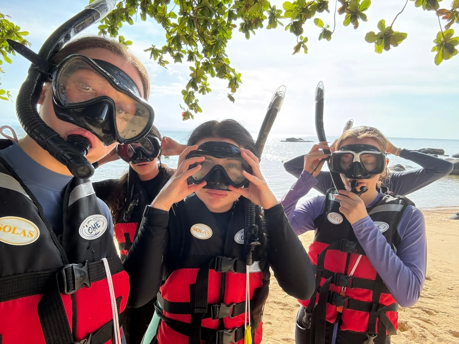 Four people in wetsuits and snorkeling gear pose on a beach with the ocean and green trees in the background.